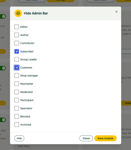Hide Admin Bar dialog with role checkboxes; Subscriber and Customer selected; options list includes Editor, Author, Contributor, etc.; bottom buttons: Help, Close, Save module.