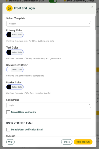 Front End Login customization modal with template and color pickers, login page options, verification settings, and Save module.