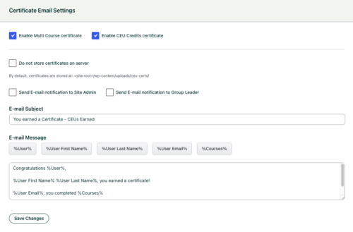 Certificate Email Settings form showing checkboxes for enabling Multi Course and CEU Credits certificates, both selected at the top