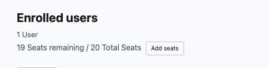 Add Seats button - Uncanny Owl Enrolled users panel: 1 user, 19 of 20 seats remaining, with an Add seats button.