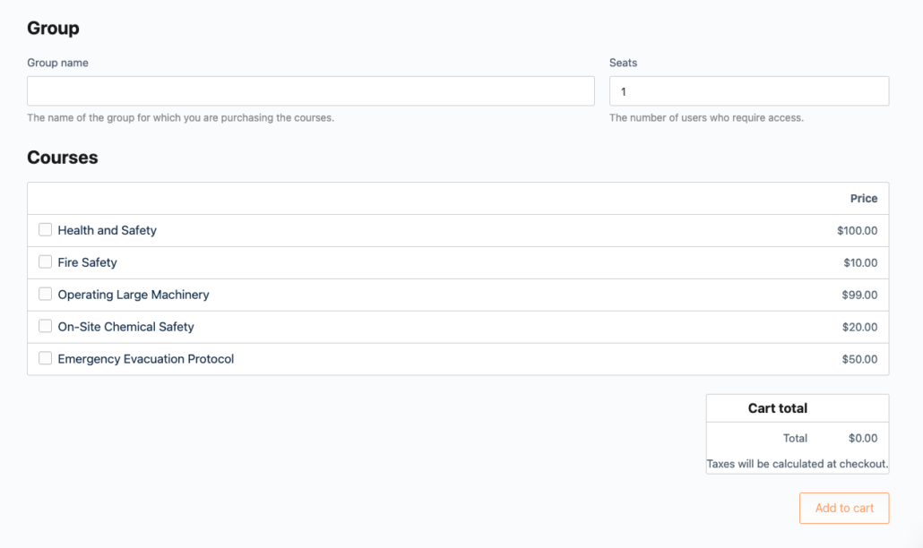 Buy Courses Page - Uncanny Owl Checkout-style form: left column for Group name and Seats, right column shows Cart total and Add to cart button