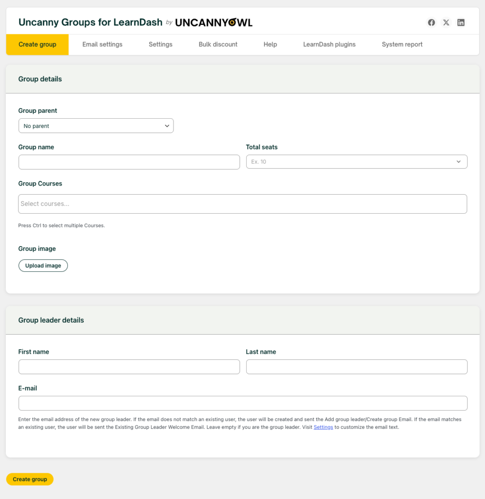 Group Wizard full - Uncanny Owl Interface to create a new group with fields for group details, courses, image, and leader information.