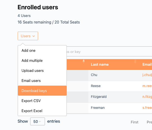 download key option - Uncanny Owl Admin dashboard for enrolled users: shows 4 users, 16 of 20 seats remaining; a dropdown menu with actions (Download keys highlighted); table lists last names Chu, Reese, Fitzgerald, Freeman with emails.