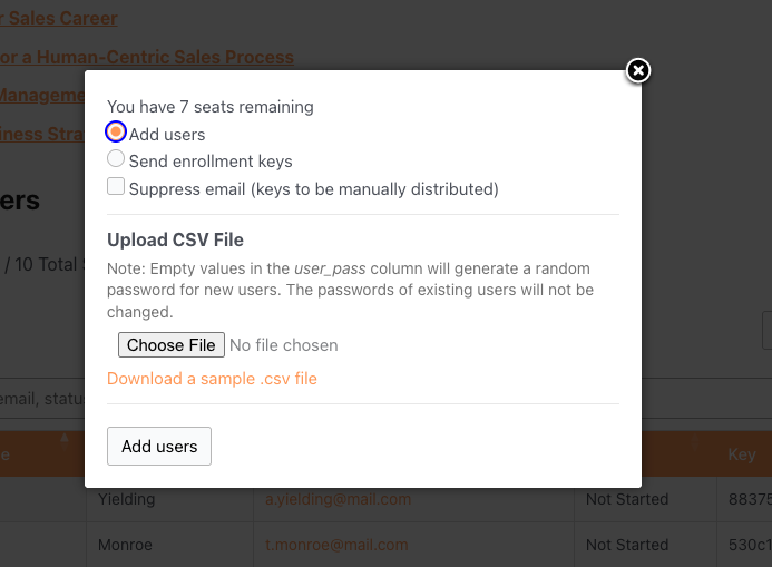 Modal to upload a CSV and add users; shows 7 seats remaining and options to send enrollment keys or suppress emails; Add users button at bottom.