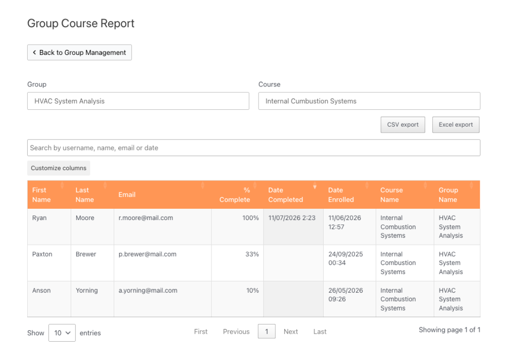 course report - Uncanny Owl Group Course Report page with a table of student course progress (names, emails, completion %, dates, course and group).