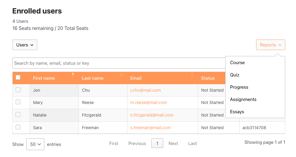 reports tab - Uncanny Owl Enrolled users dashboard: four users listed with names and emails, search field, Users dropdown, and Reports menu on a table of statuses and seats remaining (16/20).
