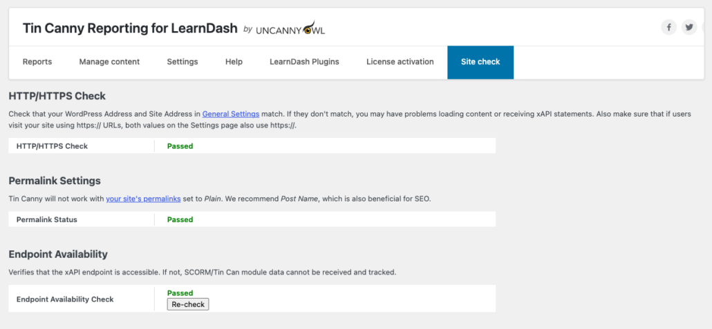 Site Check new layout - Uncanny Owl Status page for Tin Canny Reporting showing Passed for HTTP/HTTPS, Permalink Settings, and Endpoint Availability with a Re-check button available at the bottom of each row.