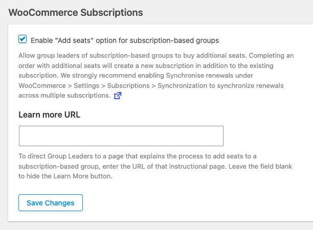 WooCommerce Subscriptions settings panel with a checked 'Enable Add seats' option for subscription groups, plus Learn more URL field and Save Changes button.