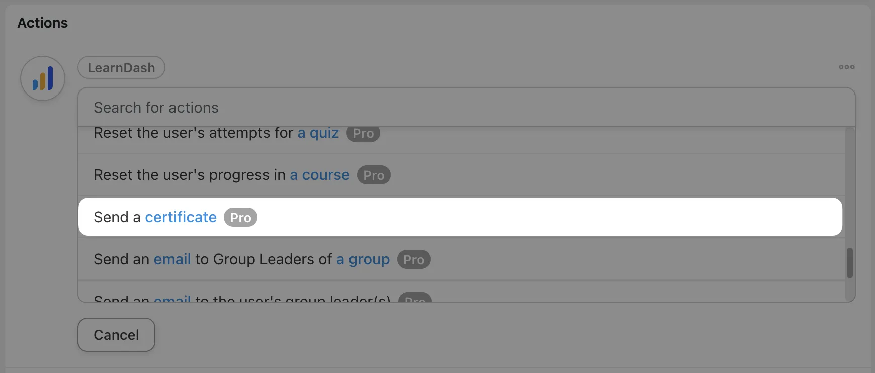Automator LearnDash Send a certificate Action