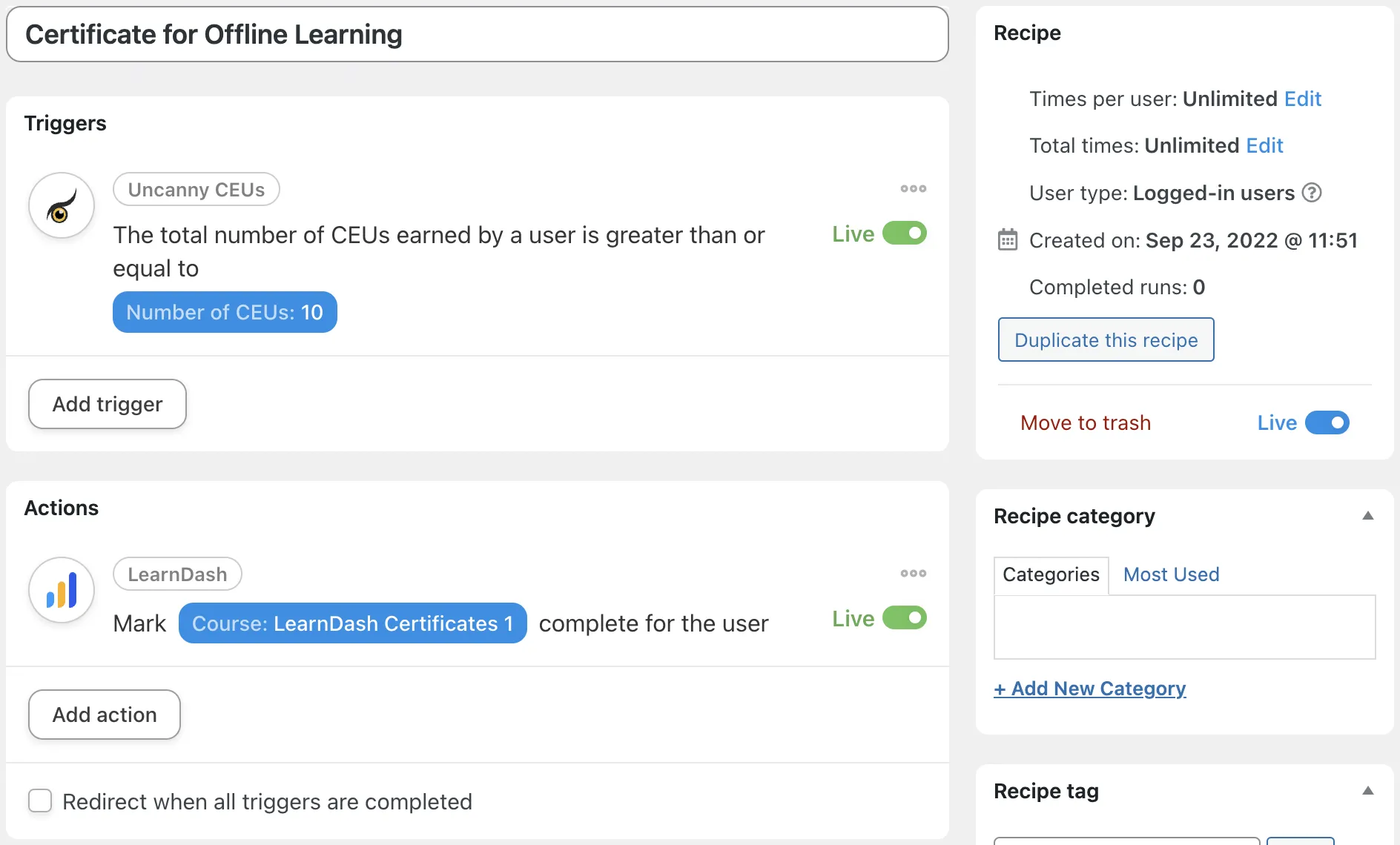 Automator LearnDash Certificate for Offline Learning Recipe Live