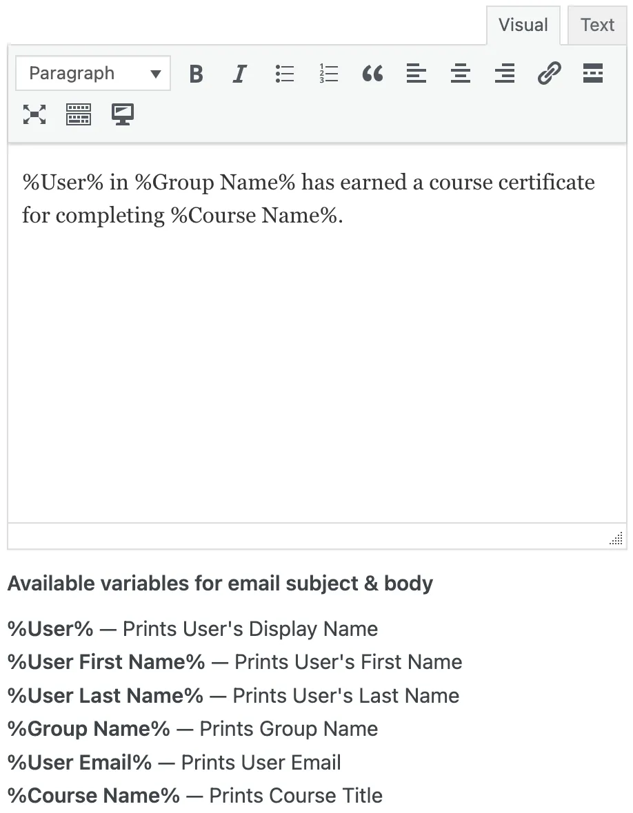 Uncanny Toolkit Pro Send Certificate Module Email Editor
