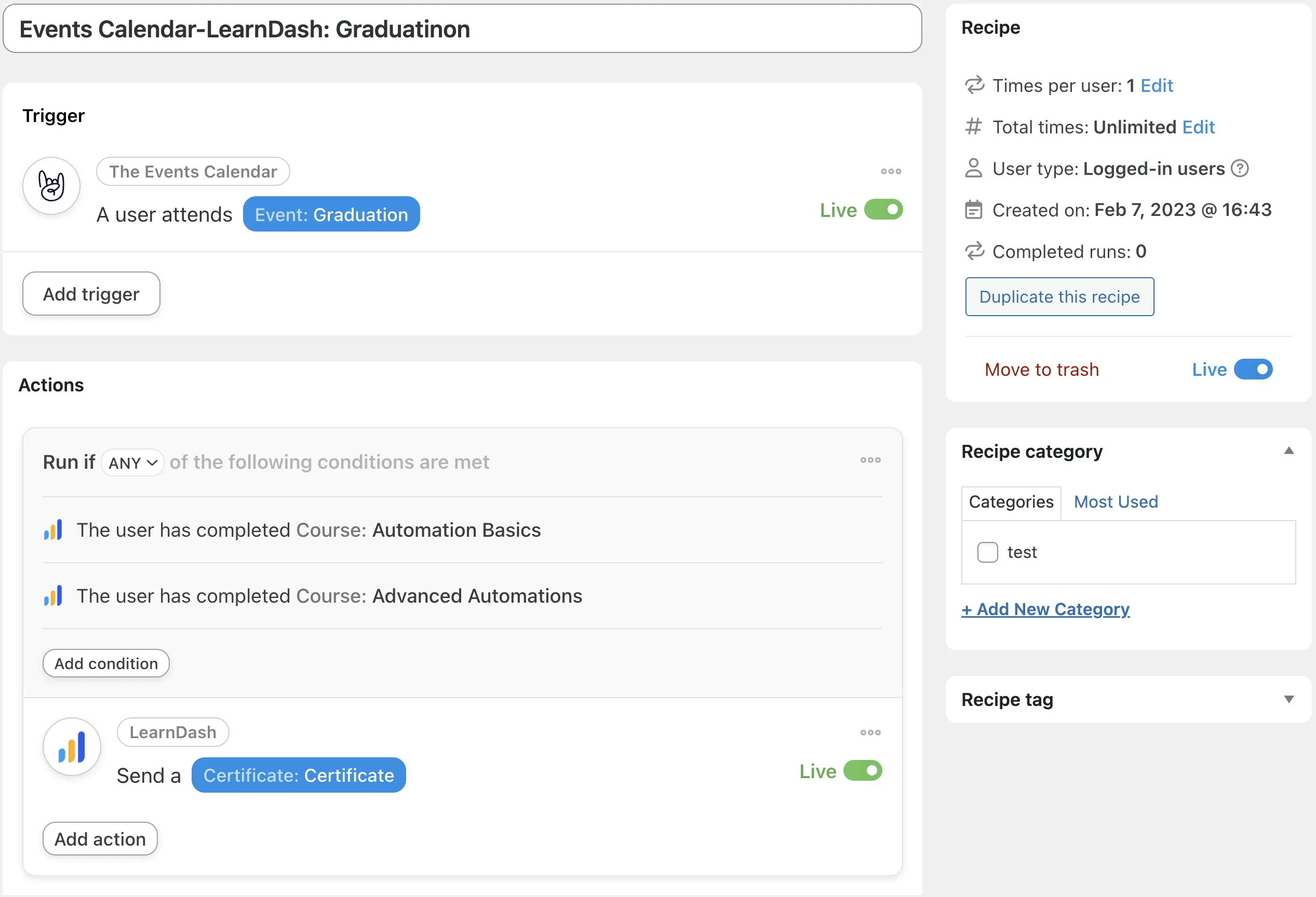 Better LearnDash Notifications Events Calendar/LearnDash recipe graduation