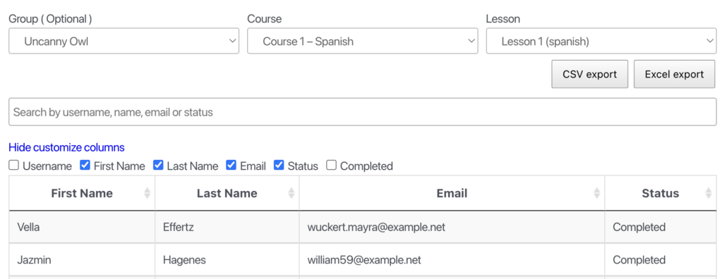User export panel with Group/Course/Lesson filters, CSV/Excel export buttons, and a search field above a sample user table showing First Name, Last Name, Email, and Status (e.g., Vella Effertz).