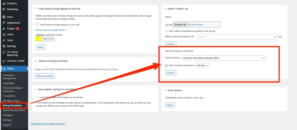 Exporting text strings for Uncanny Groups plugin using WPML
