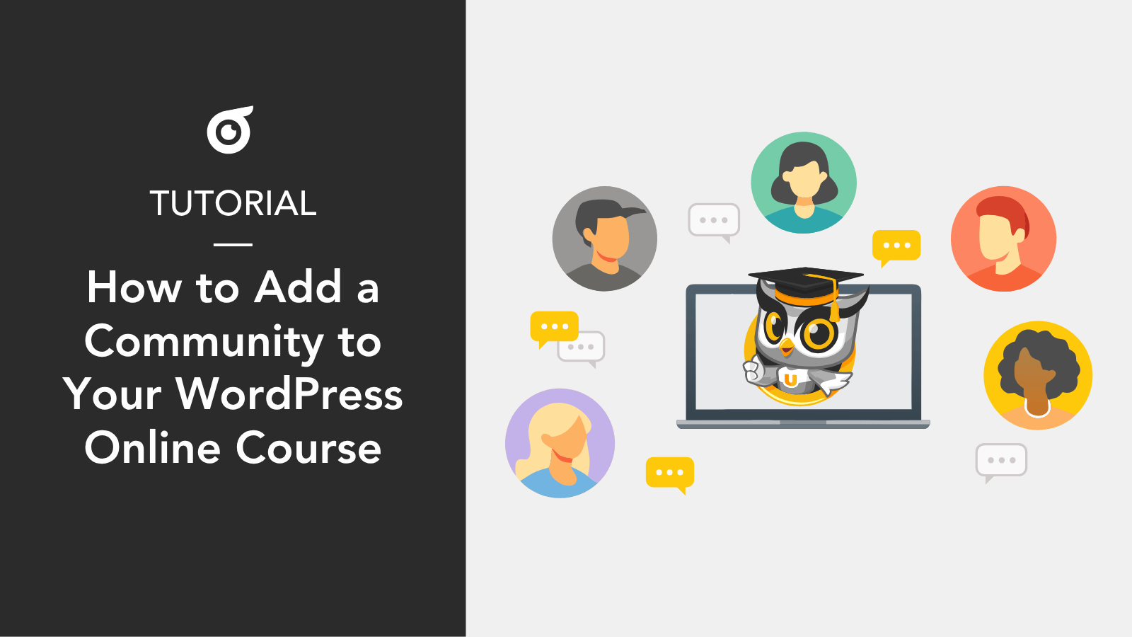 Uncanny Owl mascot wearing a graduation cap on a laptop screen, surrounded by member profile icons and chat bubbles, illustrating how to add a community to your WordPress online course.