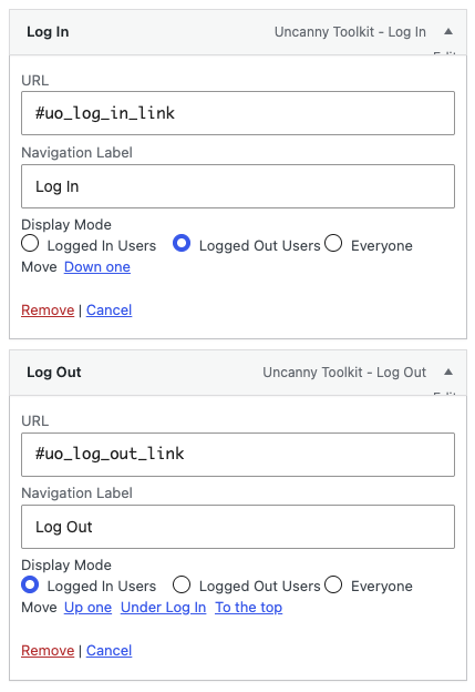Widget settings: Log In link with URL #uo_log_in_link and label 'Log In', display mode: Logged Out Users
