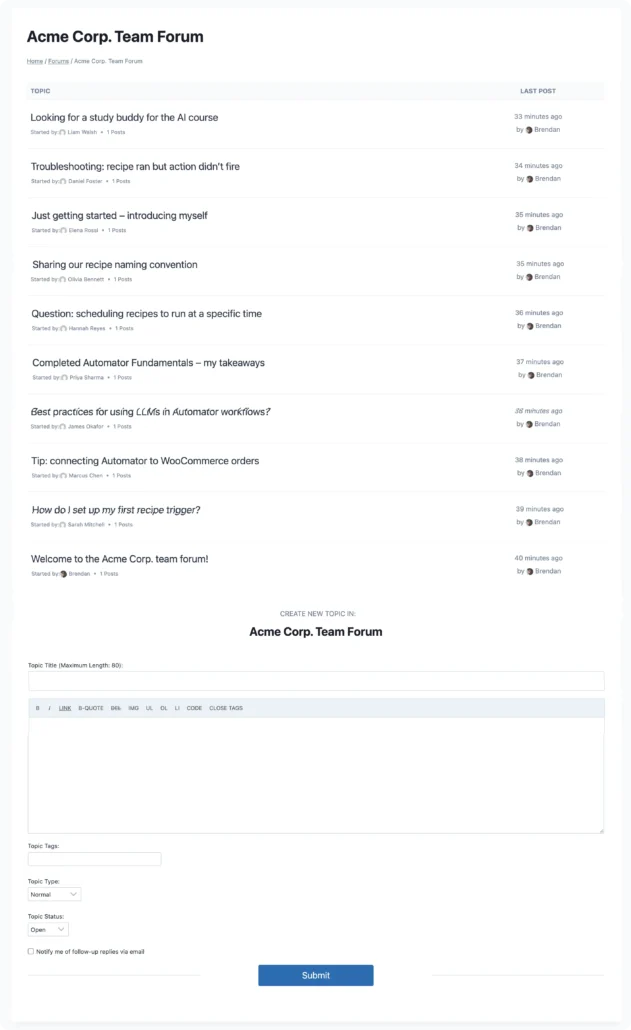 Acme Corp. Team Forum powered by bbPress showing ten discussion topics from group members about LearnDash courses and Automator workflows, with a new topic creation form below.