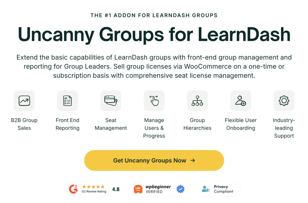 Uncanny Groups for LearnDash landing page with feature icons for B2B sales, reporting, seat management, and group hierarchies, plus a Get Uncanny Groups Now button.