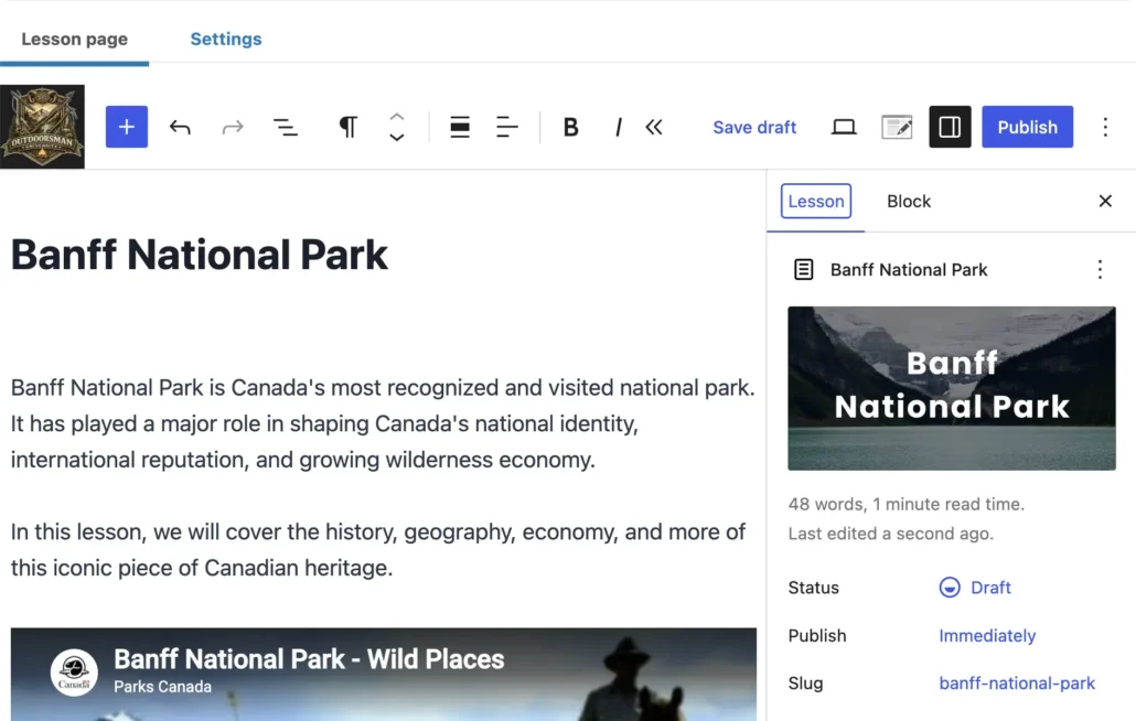 LearnDash lesson editor for a Banff National Park lesson showing the title, introductory text, and an embedded Parks Canada video, with the lesson settings panel displaying a featured image.