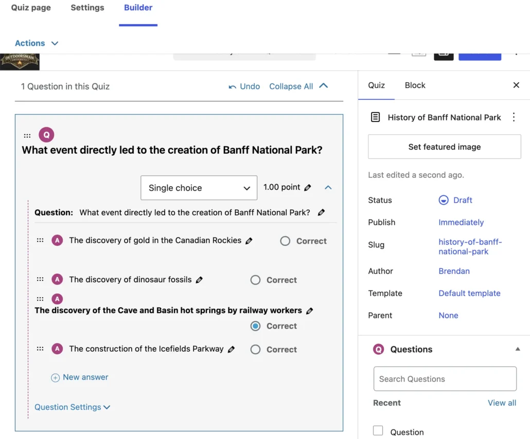 LearnDash quiz builder for 'History of Banff National Park' showing a single-choice question about what led to the park's creation, with four answer options and the Cave and Basin hot springs discovery marked correct, alongside the quiz settings panel in Draft status.