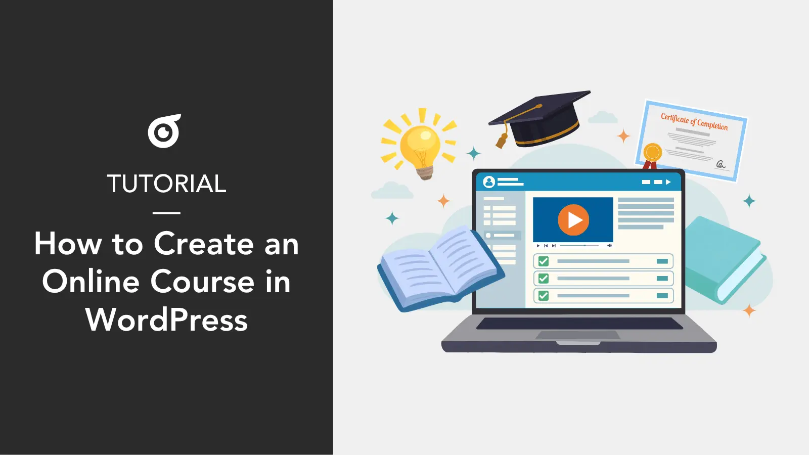 Laptop displaying an online course interface surrounded by a graduation cap, certificate, lightbulb, and books, illustrating how to create an online course in WordPress.