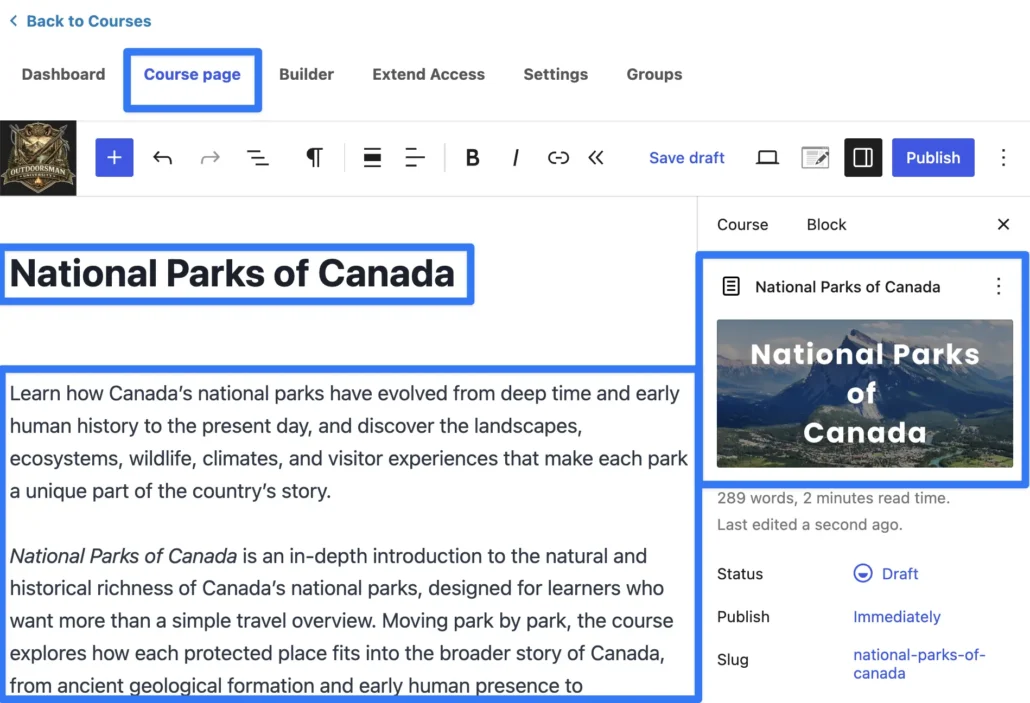 LearnDash course page editor for 'National Parks of Canada' with the title, description, and course settings panel highlighted, showing a featured image of a mountain landscape with the course title overlaid and a Draft status.