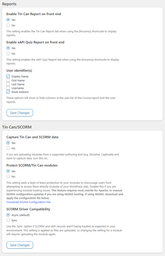 image - Uncanny Owl Settings panel with Reports and Tin Can/SCORM options; Tin Can and xAPI quiz reports enabled; User identifiers show Display Name and Email Address selected; Save Changes button present. Tin Can/SCORM: Capture data on, Protect modules on, Driver: Async (default); Save Changes button.