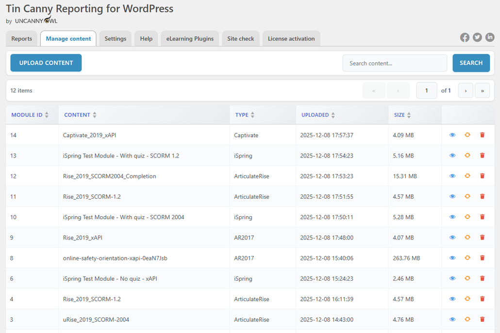 Tin Canny Reporting dashboard: Manage content page with a table of modules (Module ID, Content, Type, Uploaded, Size) and action icons on the right