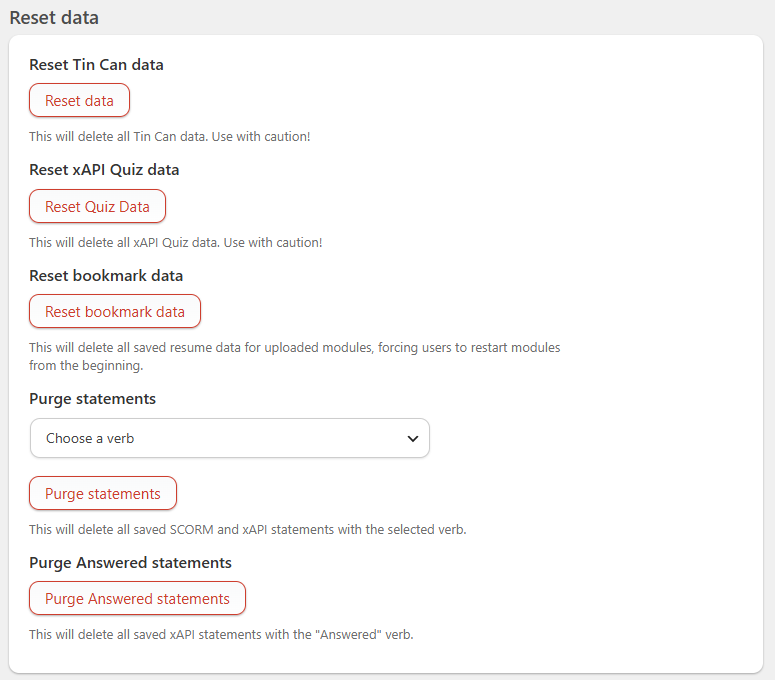 image - Uncanny Owl Panel titled Reset data showing sections to reset Tin Can data, xAPI Quiz data, and bookmark data with caution notes and Reset buttons, plus purge options for statements and answered statements.