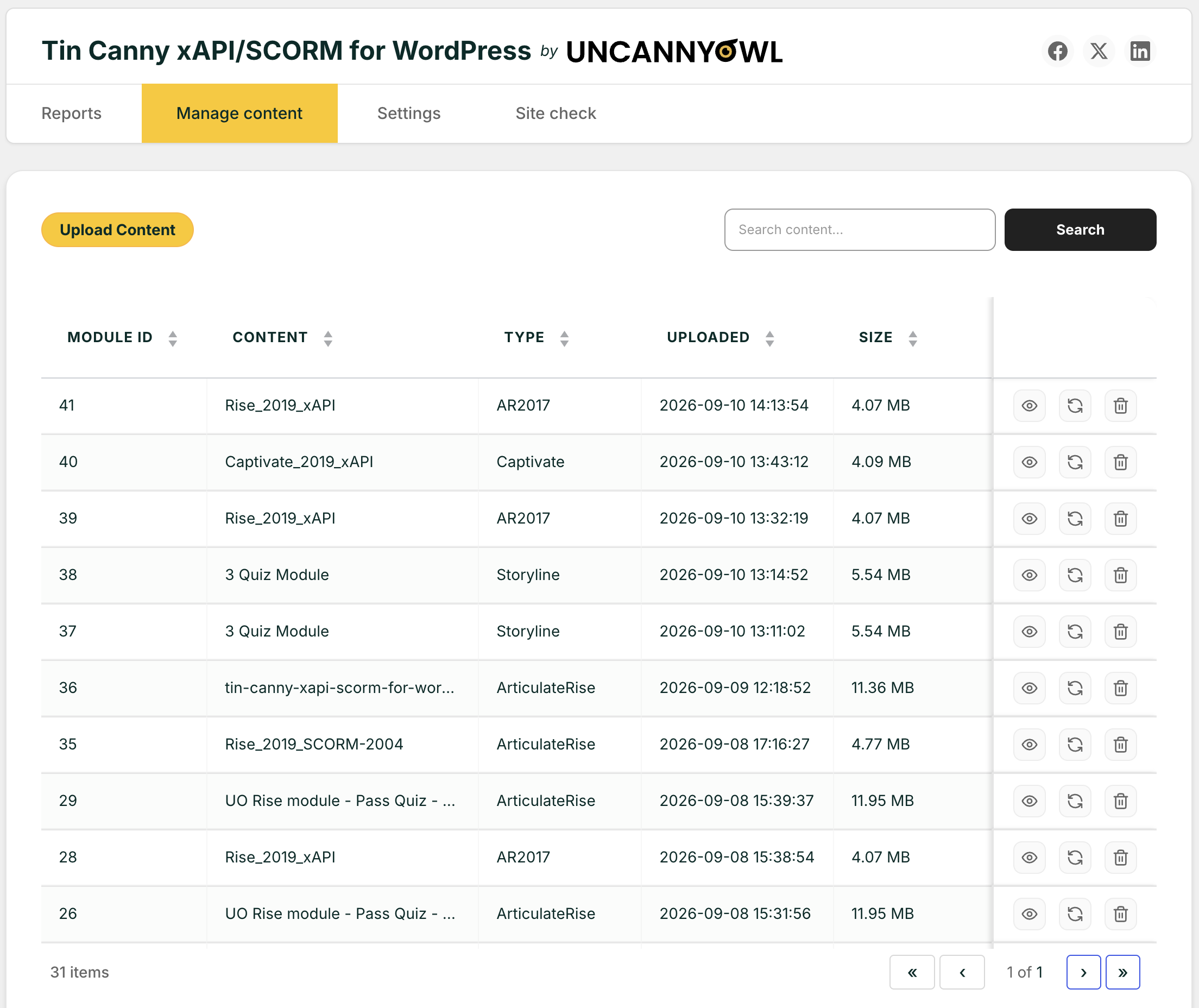 CMS content-management dashboard with an orange'Upload Content' button, a search box, and a sortable table of modules (ID, Content, Type, Uploaded, Size).