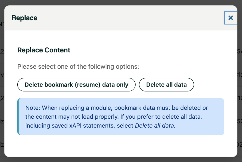 Replace Content modal with two options: Delete bookmark (resume) data only and Delete all data; blue note explains deletion consequences.