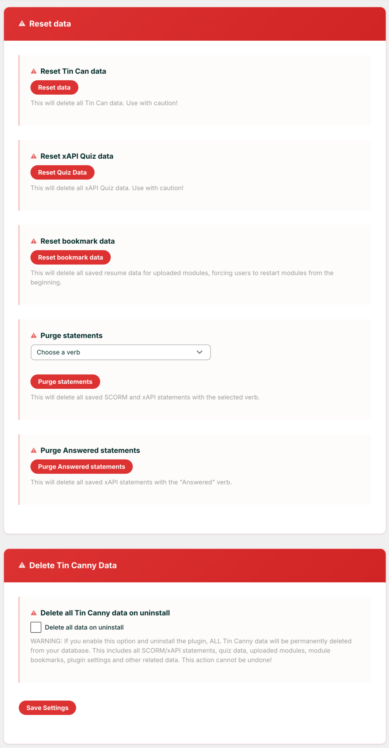Settings screen titled 'Reset data' with several reset sections (Tin Can, xAPI Quiz, bookmarks, purge statements, purge answered statements) and a 'Save Settings' button at the bottom.