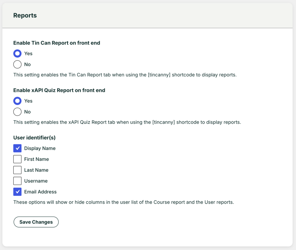 Reports settings screen: enable Tin Can Report and xAPI Quiz Report with Yes/No options and user identifiers list (Display Name, Email Address).