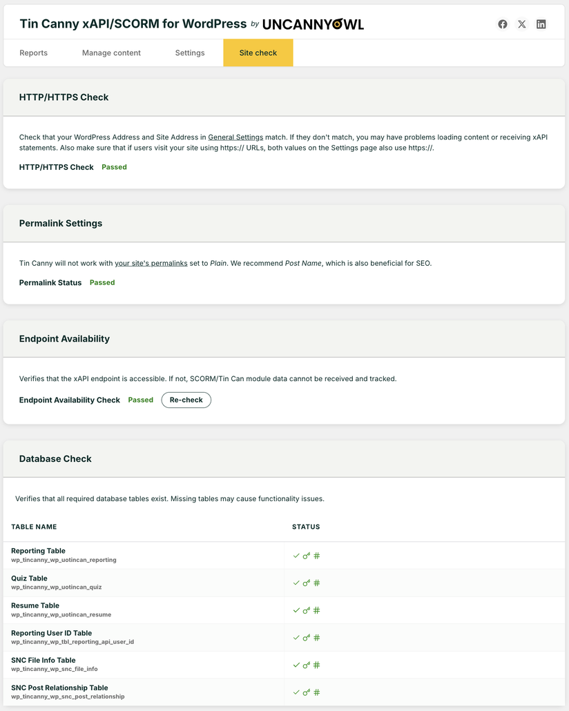 tin-canny-site-check - Uncanny Owl Dashboard status for Tin Canny xAPI/SCORM WordPress plugin showing HTTP/HTTPS, Permalink, and Endpoint availability checks as Passed, plus Database Check with tables list.