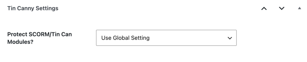 Tin Canny Settings header with a dropdown for Protect SCORM/Tin Can Modules? showing 'Use Global Setting' as the selected option.