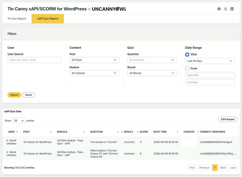 xapi-quiz-report-wordpress - Uncanny Owl Dashboard screenshot of Tin Canny xAPI/SCORM for WordPress with a Filters panel (User, Content, Quiz, Date Range) and a results data table showing quiz attempts.