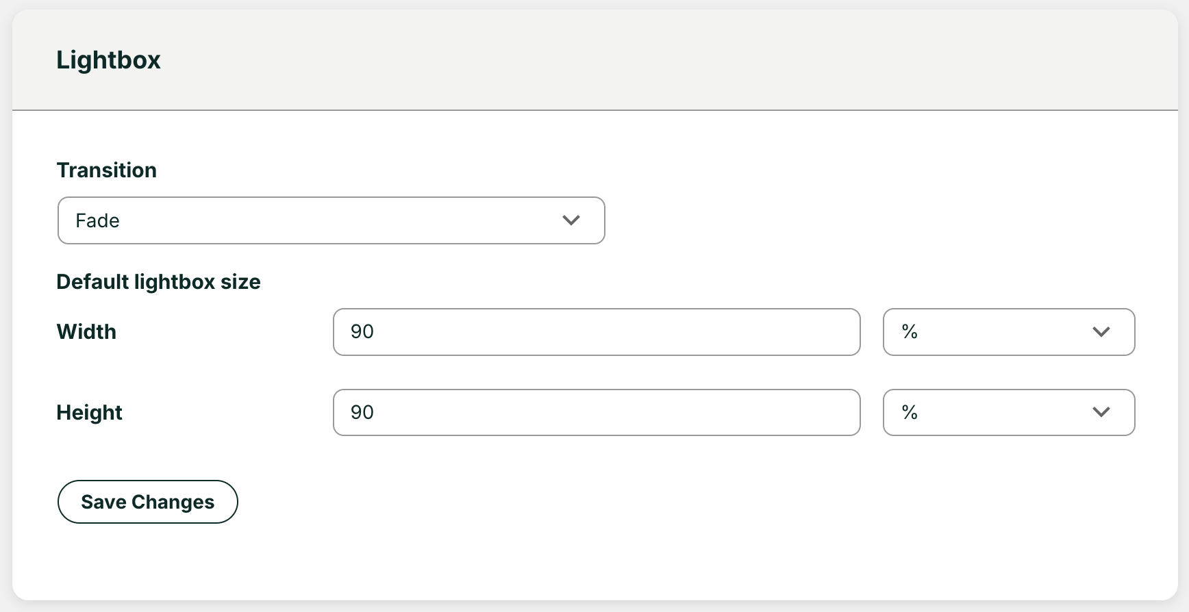 Lightbox settings panel: Transition set to Fade, 90% width and height, Save Changes button.