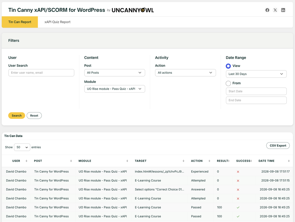 xapi-scorm-report-wordpress - Uncanny Owl Reporting dashboard for Tin Can/xAPI in WordPress with filters (User, Content, Activity, Date) and a results table showing user posts and quiz outcomes