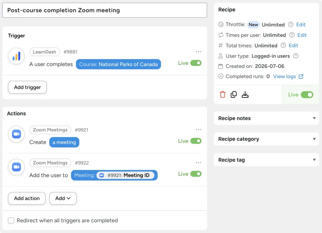 Uncanny Automator recipe titled ‘Post-course completion Zoom meeting’ that creates a Zoom meeting and adds the user to it when that user completes the National Parks of Canada course.